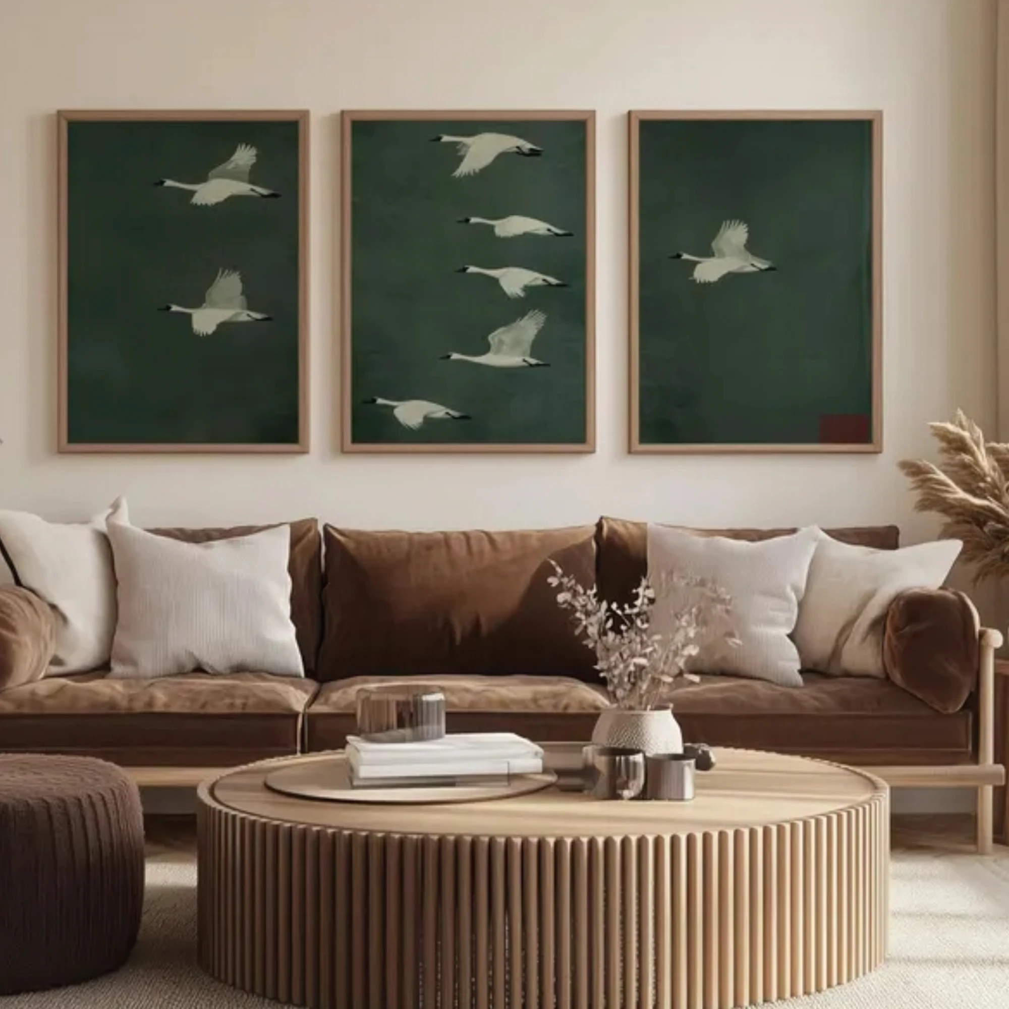 Dreiteiliger smaragdgrüner Wandkunstdruck mit einem Schwarm Gänse, Leinwandgemälde, Poster, Bild für Wohnzimmer, Schlafzimmer, Heimdekoration