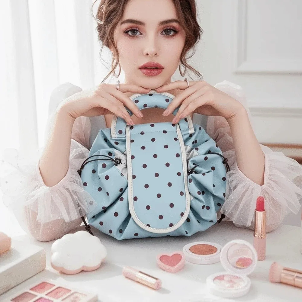 Waterproof Drawstring Makeup Pouch Foldable Washable Polka Dot Cosmetic Bag Lightweight Portable Large Capacity Toiletries