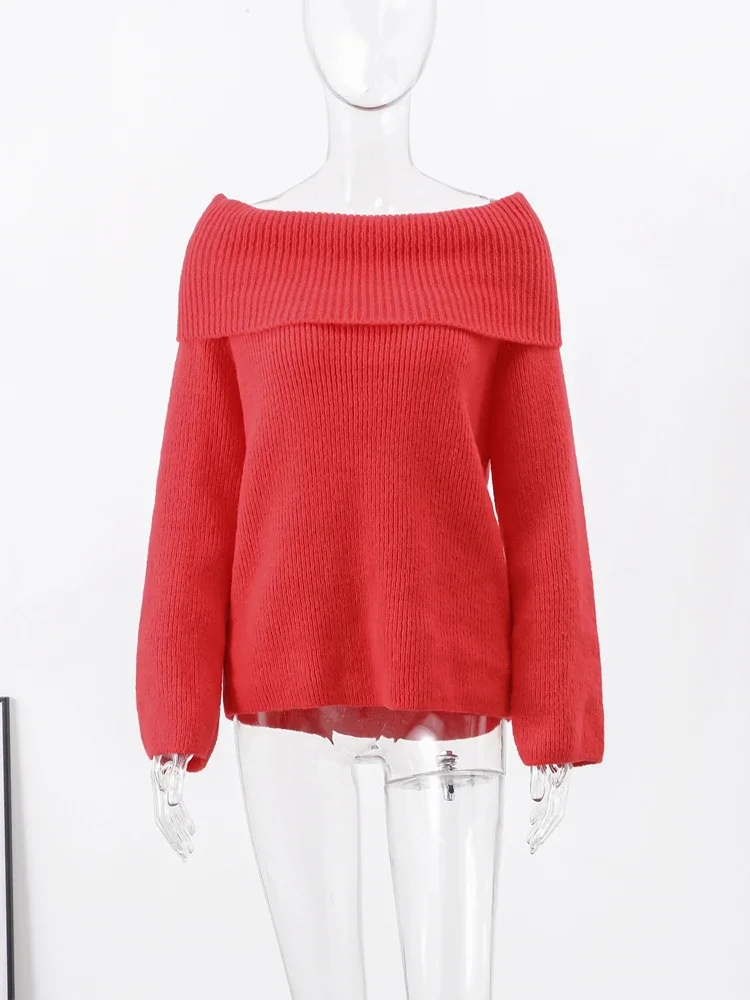 Slash Neck Off Shoulder Sweater Frauen 2024 Frühling solide elegante Langarm Pullover weibliche Mode rot lose Damen Pullover