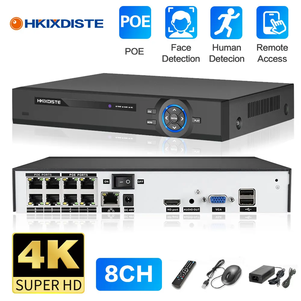 Registratore di videosorveglianza di rete CCTV a 8 canali sistema NVR POE 4K rilevamento facciale registratore telecamera IP RJ45 da 8mp XMEYE 8CH