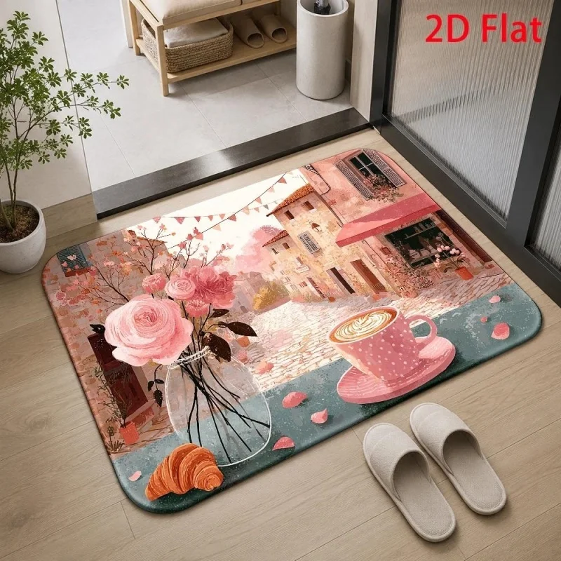 Pink Town Coffee Flower Doormat, Croissant Floral Street Scene Printed Floor Mat, Sweet Style Indoor Entryway Rug
