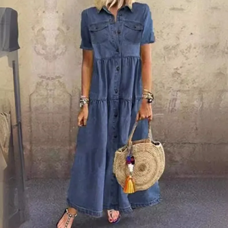 Women Dresses 2026 new long multi-button turn down collar short sleeve big swing denim long dresses women's clothing vestidoes