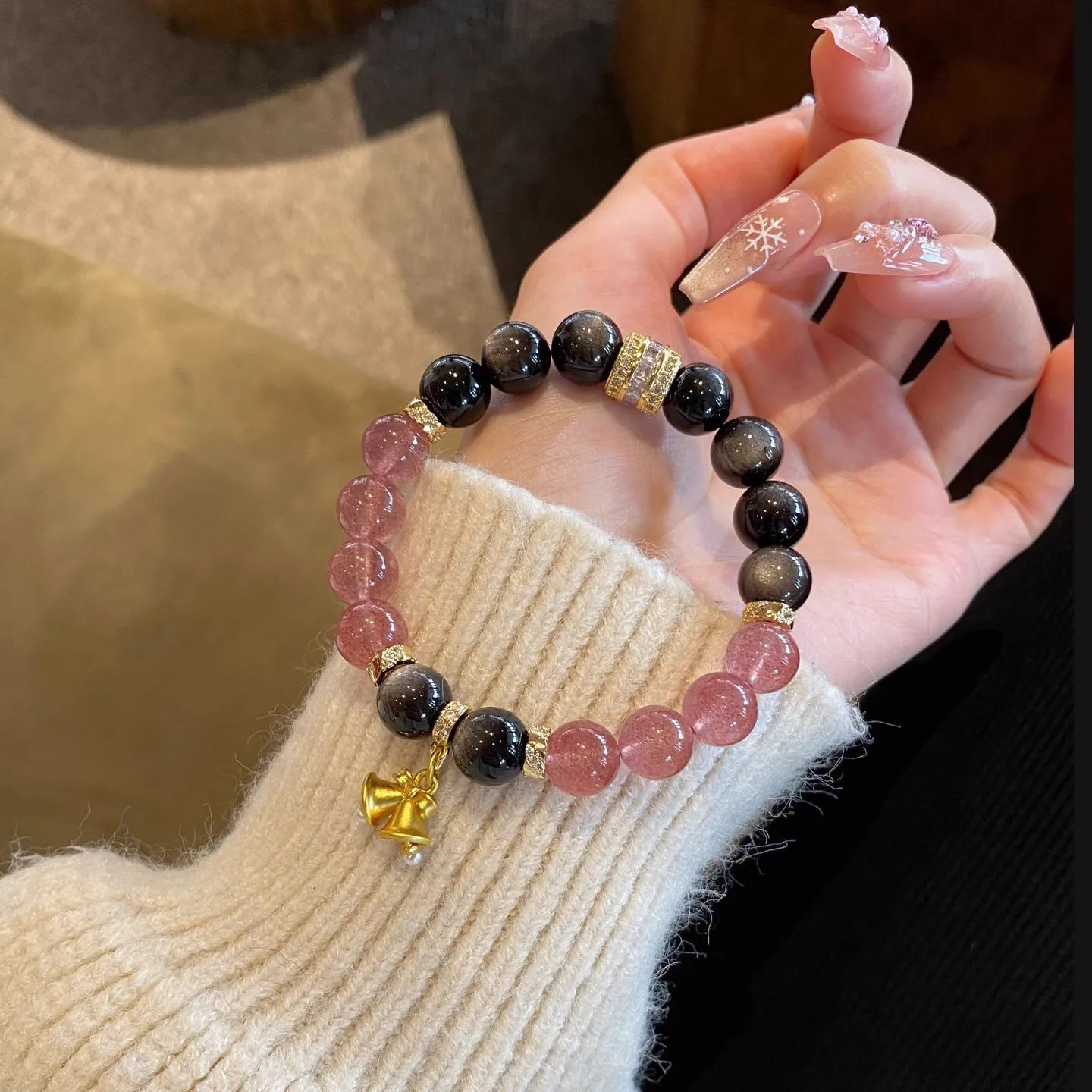 New Year's Gift Natural Strawberry Quartz Silver Obsidian Bracelet Duobao Huangta Crystal Powder Crystal Lucky Recruitment