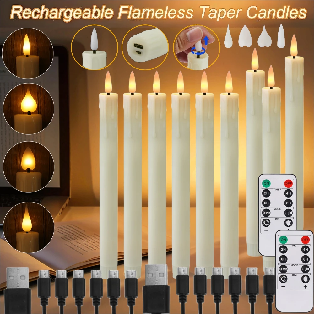 Rechargeable Flameless Taper Candles with Charging Cable LED Candle Battery Operated with Remote Timer Halloween Christmas Decor