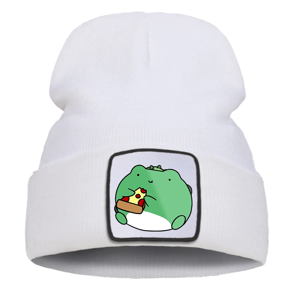 Frog Eating Pizza Metal Printed Knitted Hat For Male Sport Hats Fashionable Winter Beanie Hat Foldable Comfortable Men Caps