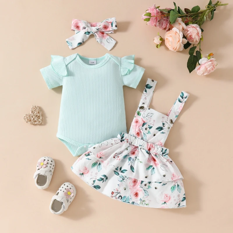 

Baby Girl 3 Pieces Summer Set Round Neck Short Sleeve Ribbed Romper Floral Suspender Skirt Headband Outfits