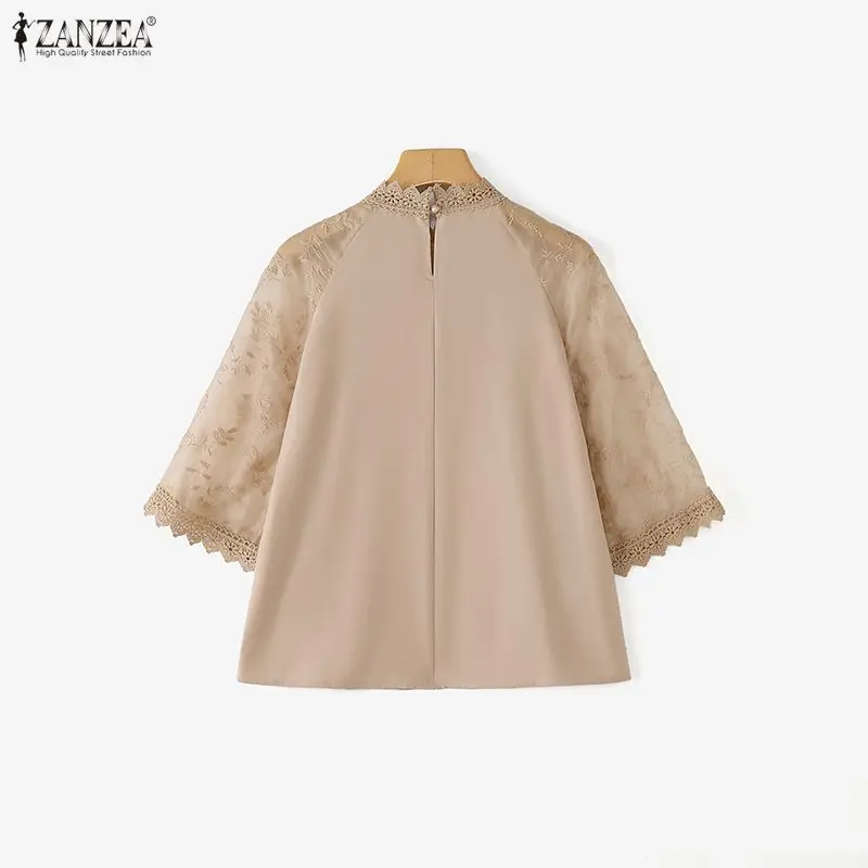 ZANZEA Elegancka Bluzka Koronkowa Damska Jesienna Stójka Casualowa Tunika Modne Bluzki Patchworkowe Biurowe Damskie OL Blusas Femininas 2025