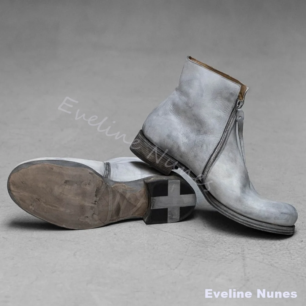 

Distressed Dirty Vintage Boots Men White Side Zipper Upturned Toe Knight Boots 2026 Round Toe Chunky Heel Motorcycle Boots
