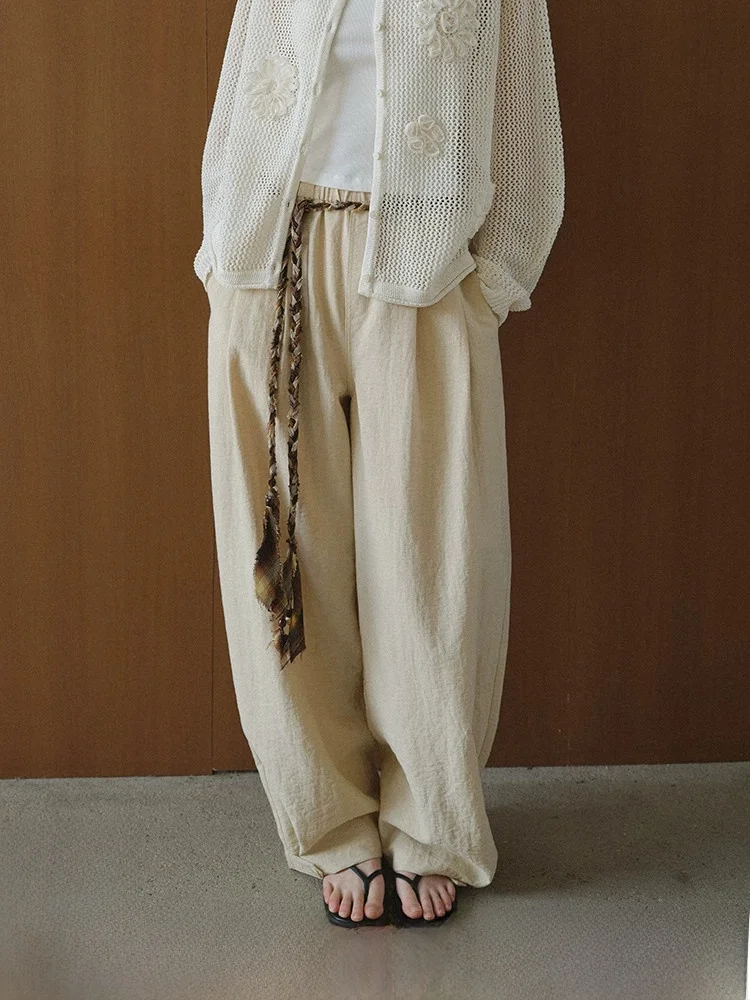 

Red Label Series Wide Leg Floor Length Pants Elastic Waist Mixed Linen Loose Fit Trousers Casual Style Ladies Fashion
