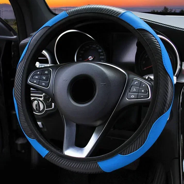 38CM Car Steering Wheel Cover Blue Black Anti Slip Carbon Fiber Leather Steering Covers Elastic Style Auto Interior Accessories