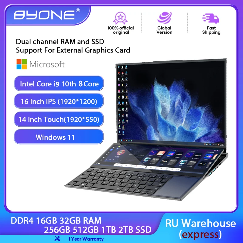 BYONE Dual Screen Gaming Laptop Computer 32GB/16GB DDR4 RAM 1TB/2TB SSD Intel Core I9 10th Gen Windows 11 Notebook Touch Laptop