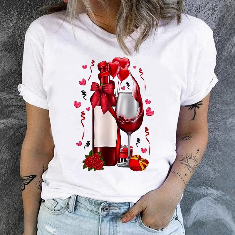 Fashionable Women's Wine Glass with Loose Print Simple and Cute Casual T-shirt Graphic T Shirts  Summer polyester fabric