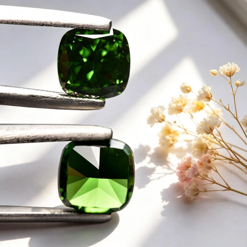 Kubisches Zirkonium, Crushed-Ice-Schliff, quadratische Kissenform, grüne Farbe, 5A+-Qualität, CZ, 4K-Schliff, hochkarätiger Diamant – Detail 4