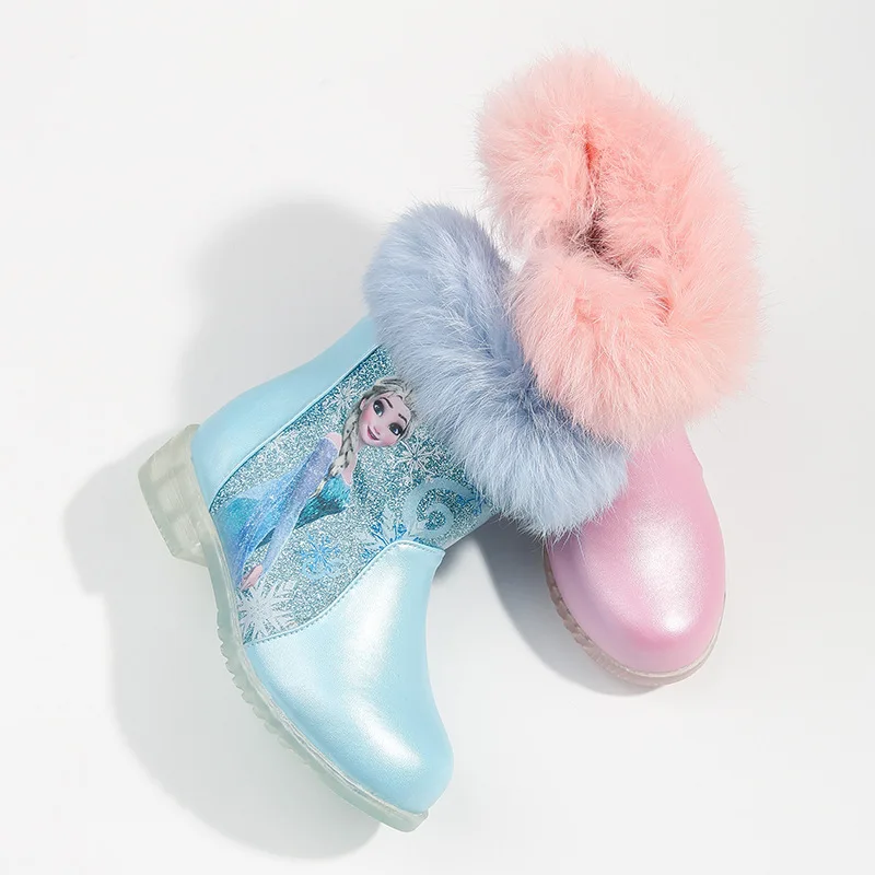 Disney Princess Girls Frozen Elsa Winter Snow Boots Pink Blue Shoes For Girls Non-slip Warm Shining With Fur Shoes size 25-35