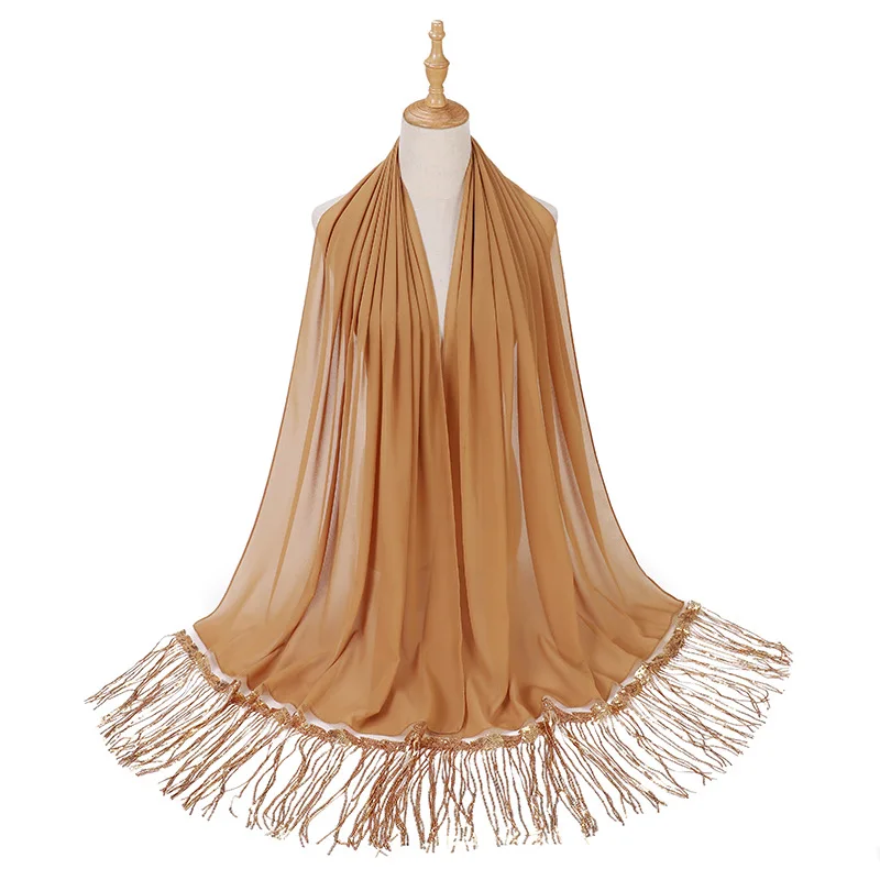 New Sequins Tassel Scarf Arab Muslim Plain Chiffon Hijab Wrap Islamic Shawls Malaysia Long Fringes Headband Women Headwear