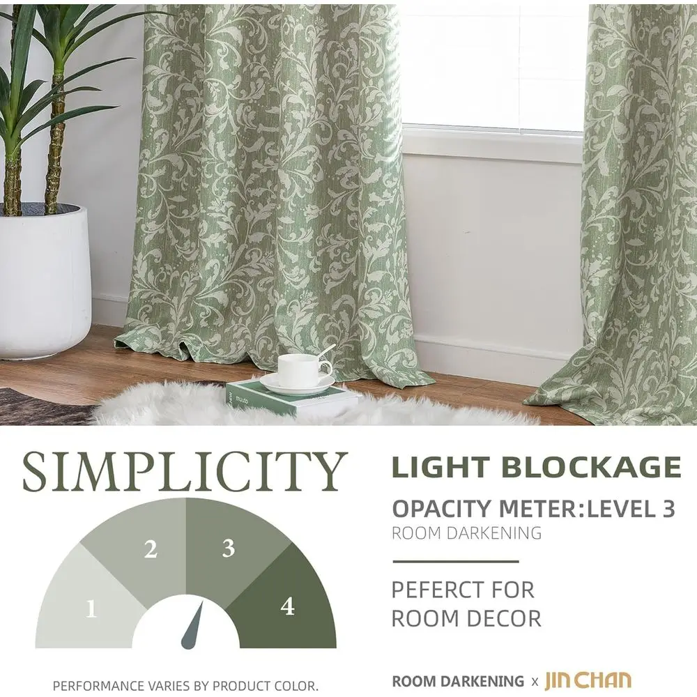 Cortinas florais de rolagem verde, 108 painéis de ilhó longos e isolados para sala de estar e quarto