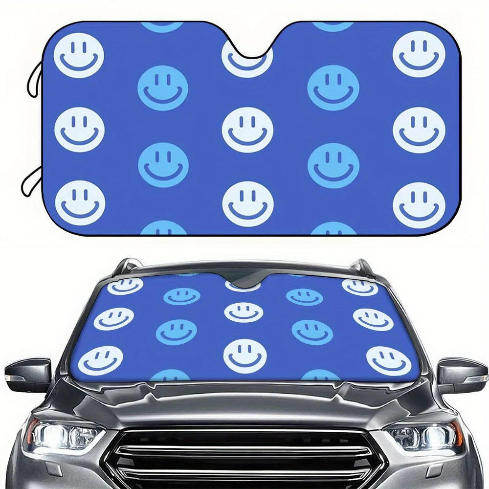 A Car Sunshade Featuring A Blue Smiley Face Design, Suitable For Front Windshield Protection. It Has High-Definition Printing, I