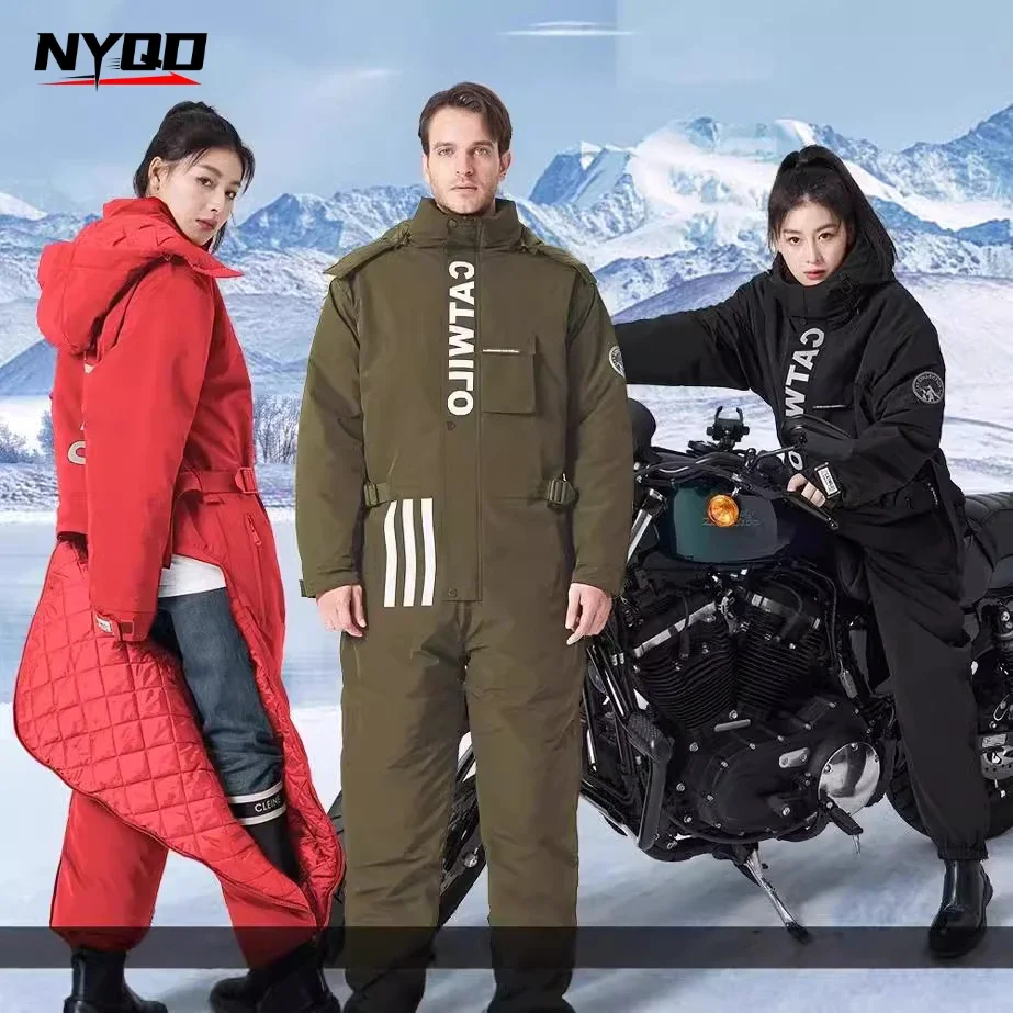 Adults Winter Motorcycle Keep Warm Clothes Plush and Thickened One-piece Ski Suit Outdoor Split Leg Windproof Cycling Suit
