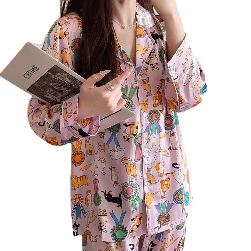 Women\'s Pajamas Sets Spring Autumn 2 Piece Animal Print Pyjama Faux Silk Satin Sleepwear Long Sleeve Pijama Mujer Pjs Homewear