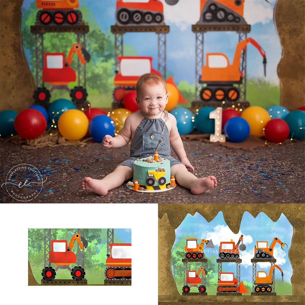 

Excavator Backdrops Kids Baby Cake Smash Photocall Decors Child Birthday Cake Smash Little Digger Photo Backgrounds