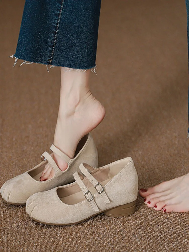 Suede Double-Strap Mary Jane Shoes, Split-Toe Square Toe Shallow Pumps, Gentle Retro Flat Shoes for Women view 3