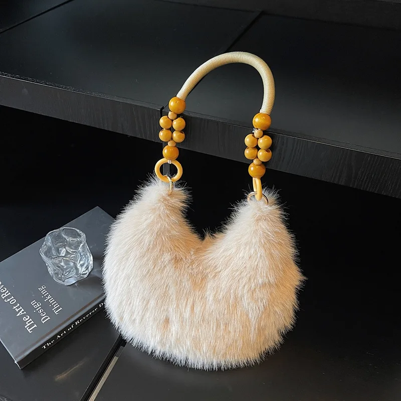 

2025 New Autumn Winter Croissant Hobo Bag Cute Fluffy Underarm Purse Luxury Fuzzy Fur Handbag for Women Shoulder Bags