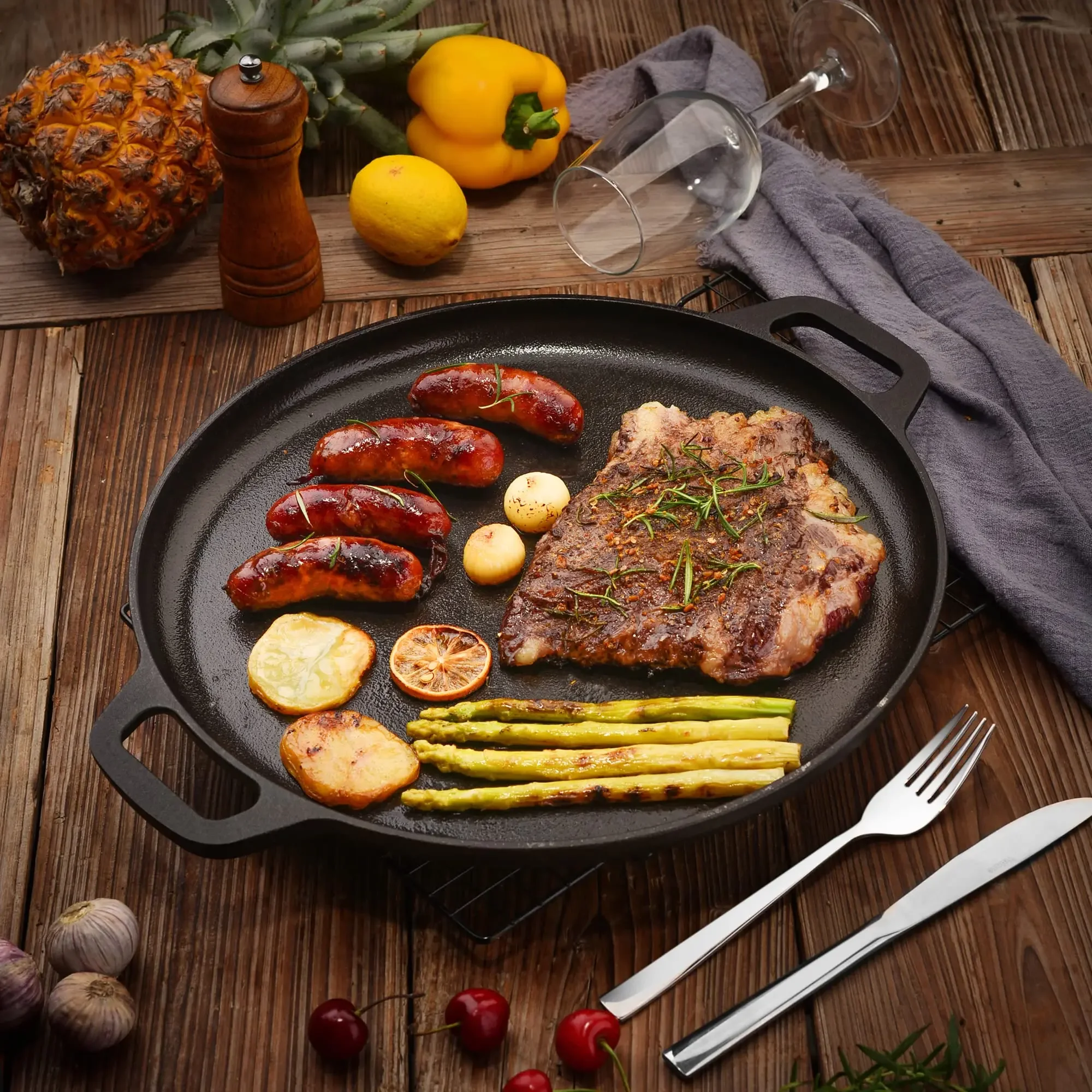 

Предварительно приправленная чугунная сковорода для пиццы с двойными ручками, круглая сковорода для блинов и пиццы, барбекю, сковорода для кемпинга