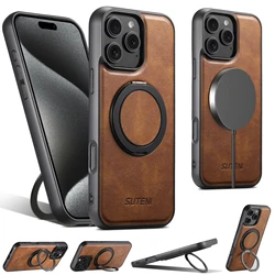 SUTENI Oil Wax PU Leather Wireless Ｃharging Phone Case 360° Rotating Stand Buckle For iPhone 17 Pro Max 16 Plus 15 Pro 14 13 12