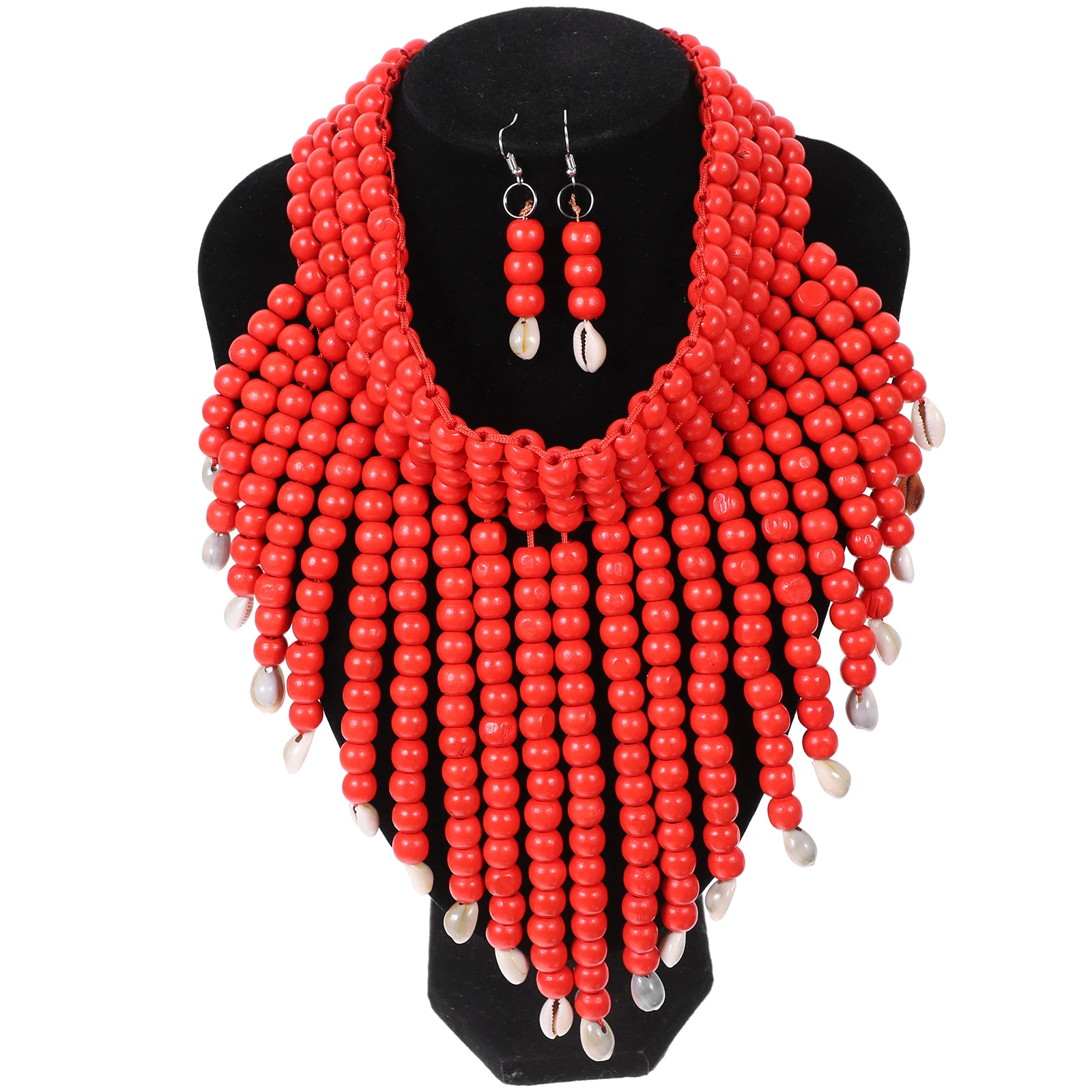

Wood Bead Necklace Set Ethnic Style Collar Choker Shell Aluminum Jewelry Drop Earrings Stylish Exaggerated Long Lasting Durable