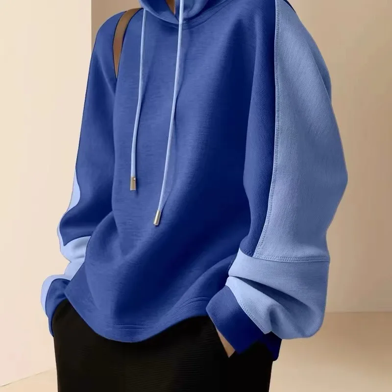 Blue Hoodie Women's Loose Casual Dstring Top Faionable Agel Spring 2024 New Arrival Comfortable Polyester Fiber