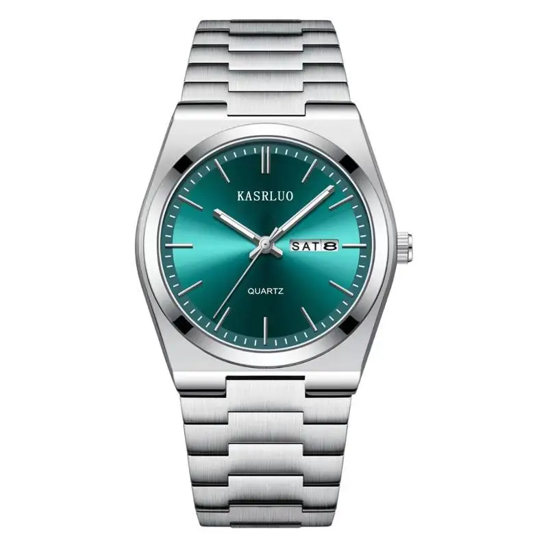 

Мужские часы, водонепроницаемые модные деловые часы с двойным календарем, мужские кварцевые часы со стальным ремнем