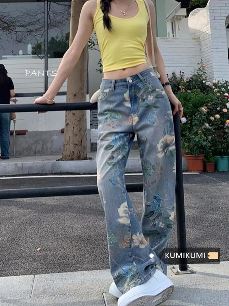 

Retro printed washed wide-leg jeans women's thin high waist loose large size drape straight pants in summer and autumn.