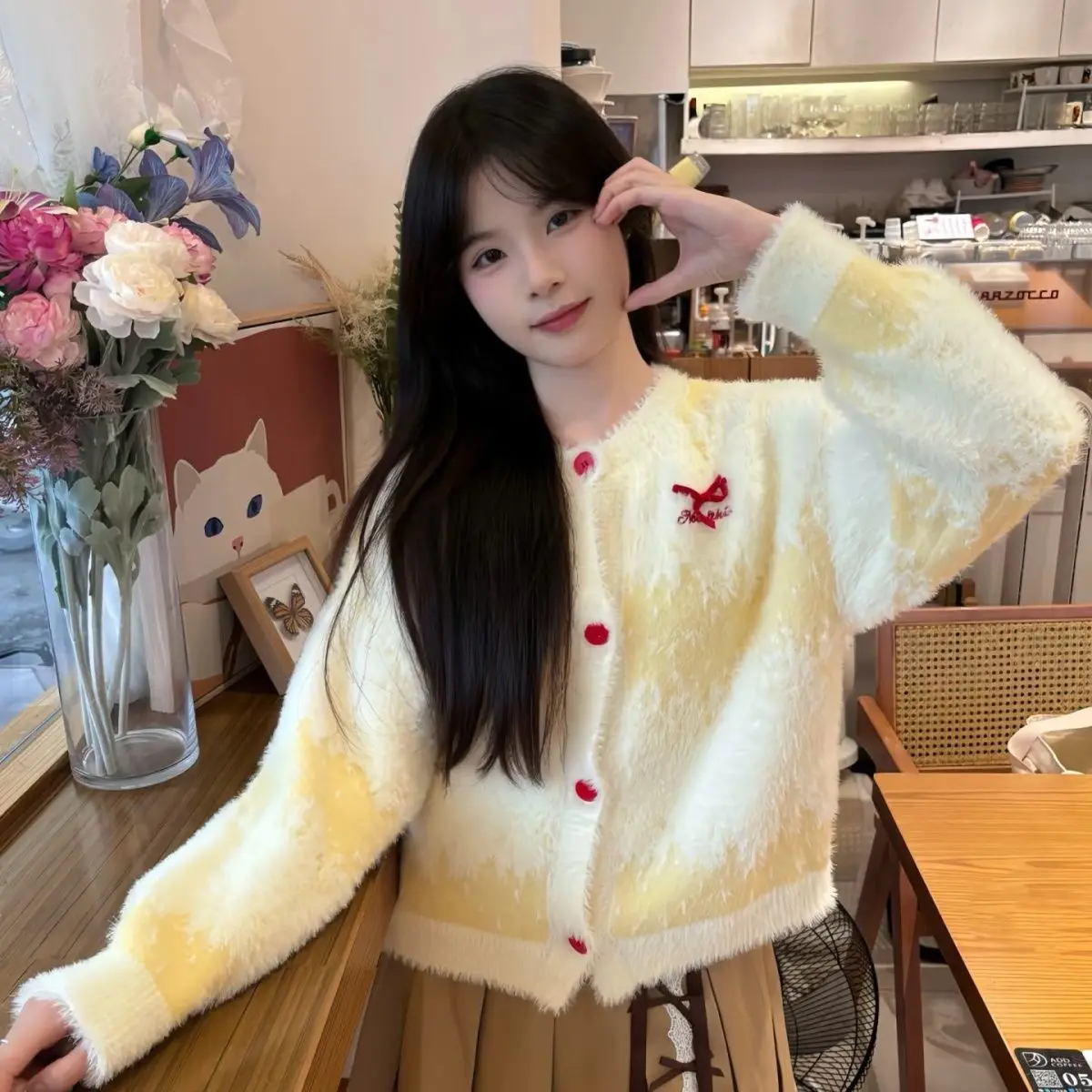 Korea Gradient Sweet Yellow Versatile Bow Striped Sweater Cardigan Women Lazy Style Comfortable Knitted Top Jacket