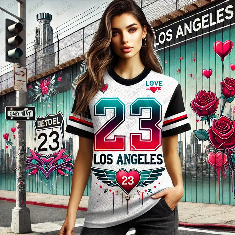 Valentine's Day Los Angeles 23 Printed T-Shirt For Women Street Graffiti Short Sleeve Sports Football Jersey Y2K Oversized Tops