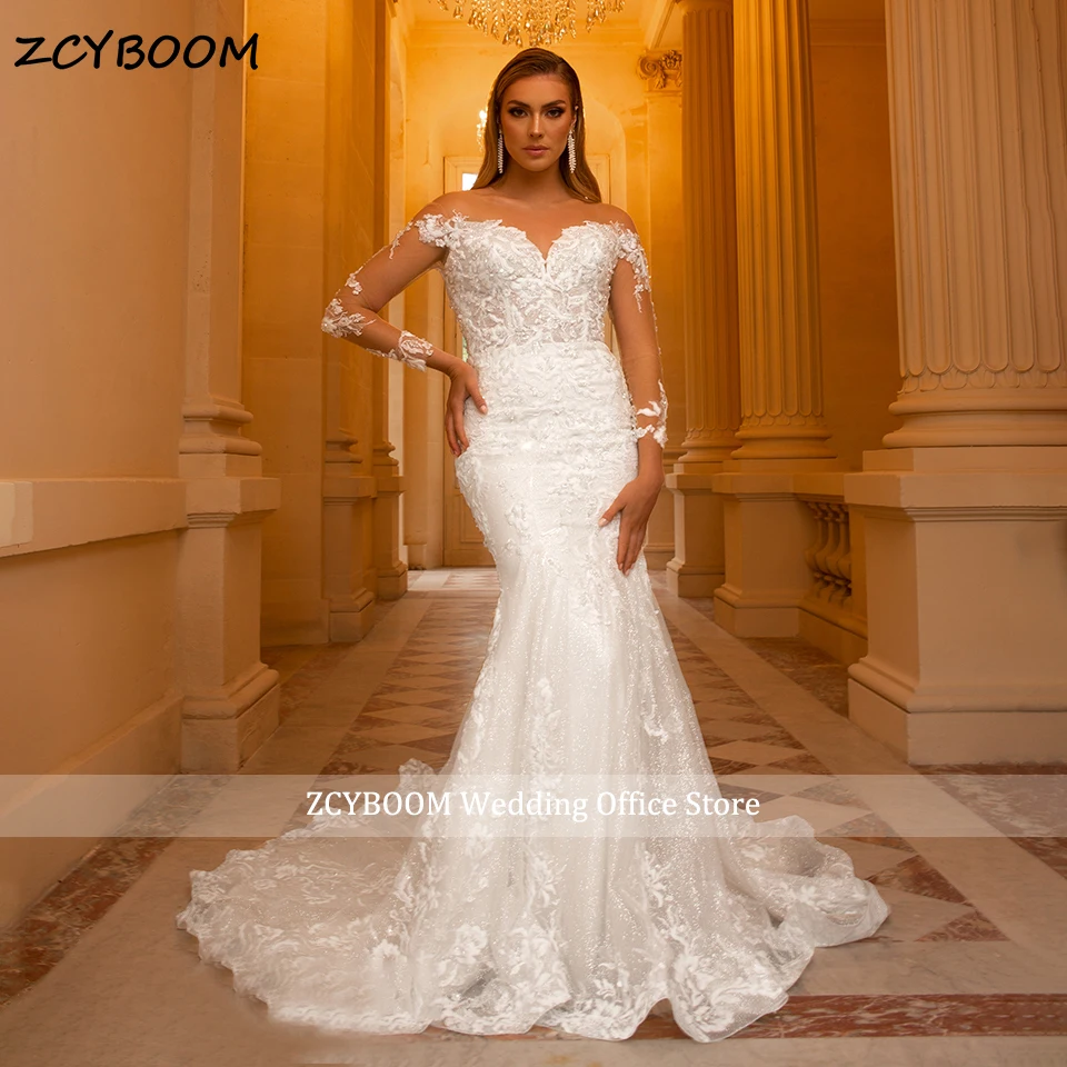 

Customized 2026 Elegant Shiny Tulle Mermaid Wedding Dress Lace Appliques Illusion Scoop Neck Women Bride Gown Vestido De Novia