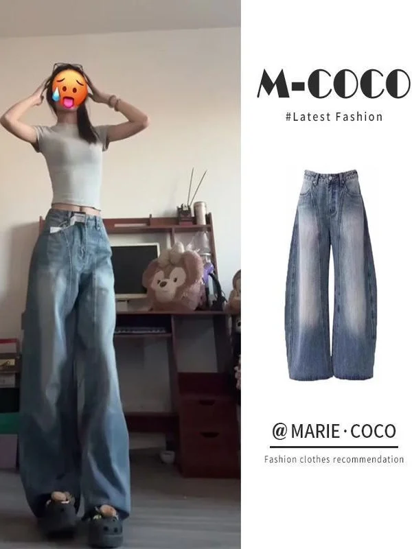 

Ретро американские широкие джинсы с ножом, свободные женские джинсовые брюки с высокой талией, повседневные брюки из смеси хлопка и полиэстера