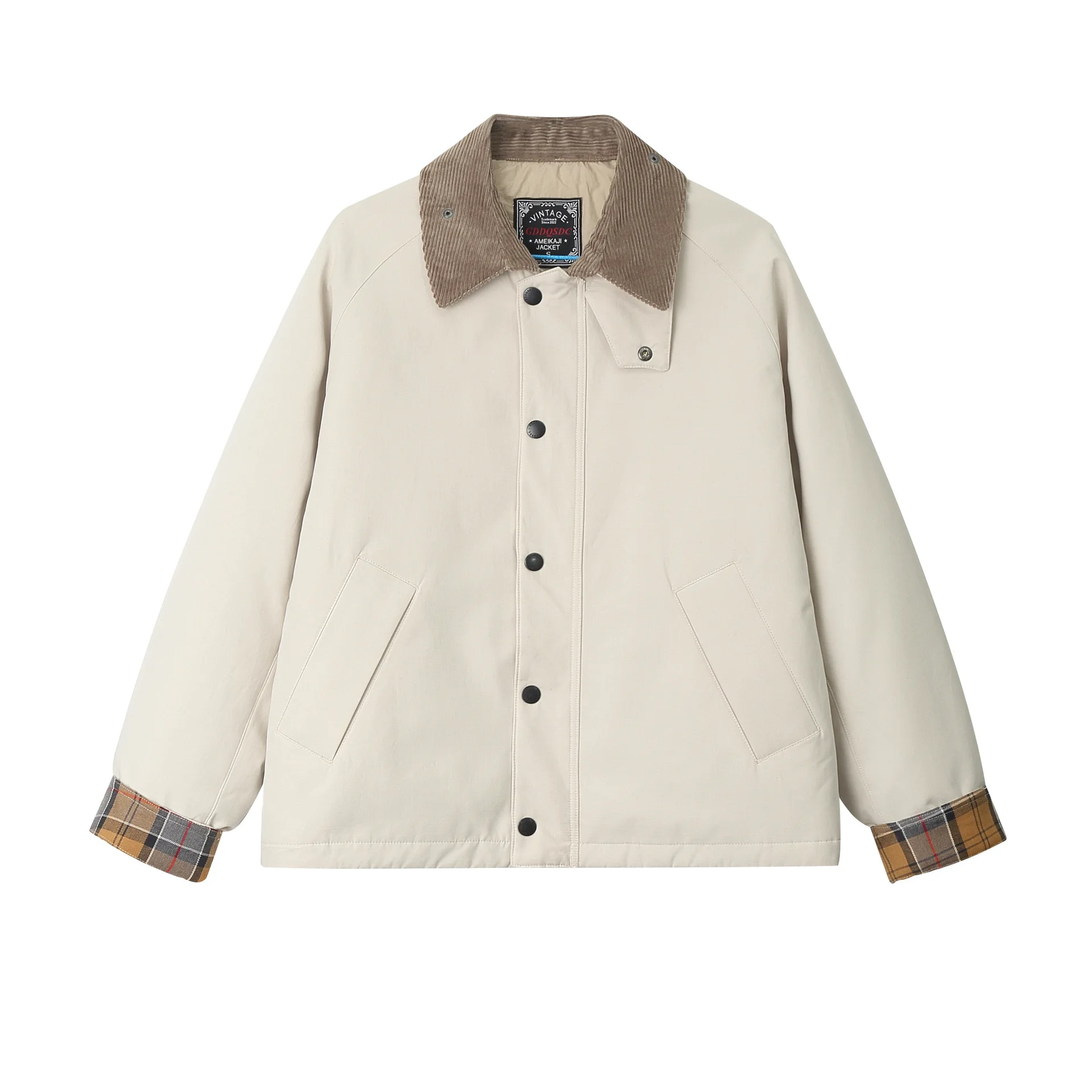 

Мужская утепленная куртка-ветровка в стиле амекаджи, с отложным воротником, клетчатыми манжетами, свободного кроя, для зимы