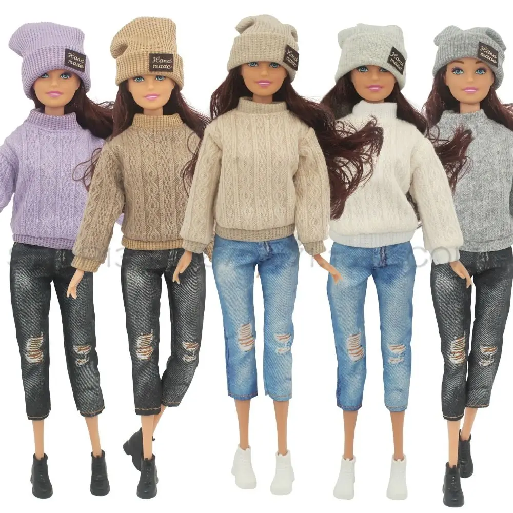 30CM Doll Clothes Suit Fashion High Collar Knitted Sweater Hole Jeans Pants Mini Sneakers Hat For 1/6Bjd Dolls Accessories Toys