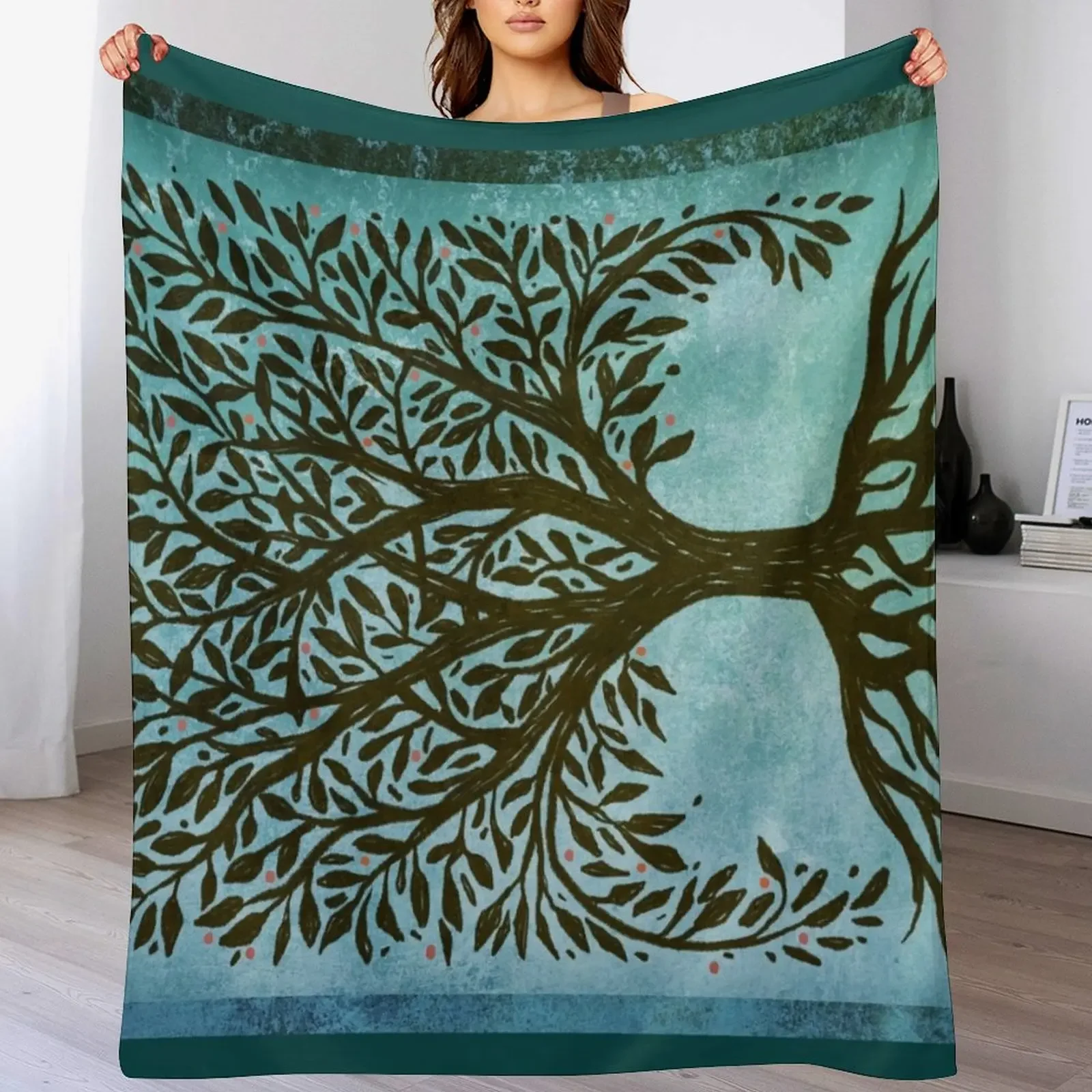 

Tree Of Life Woodcut In Blue Throw Blanket Thermal Shaggy Blankets For Baby Moving Blankets