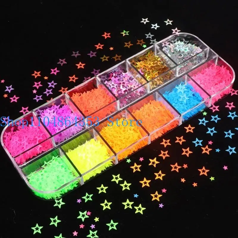 

652F 12 сеток/коробка в форме звезд, флуоресцентные блестки, голографические блестящие хлопья, светящиеся в темноте, сделай сам,