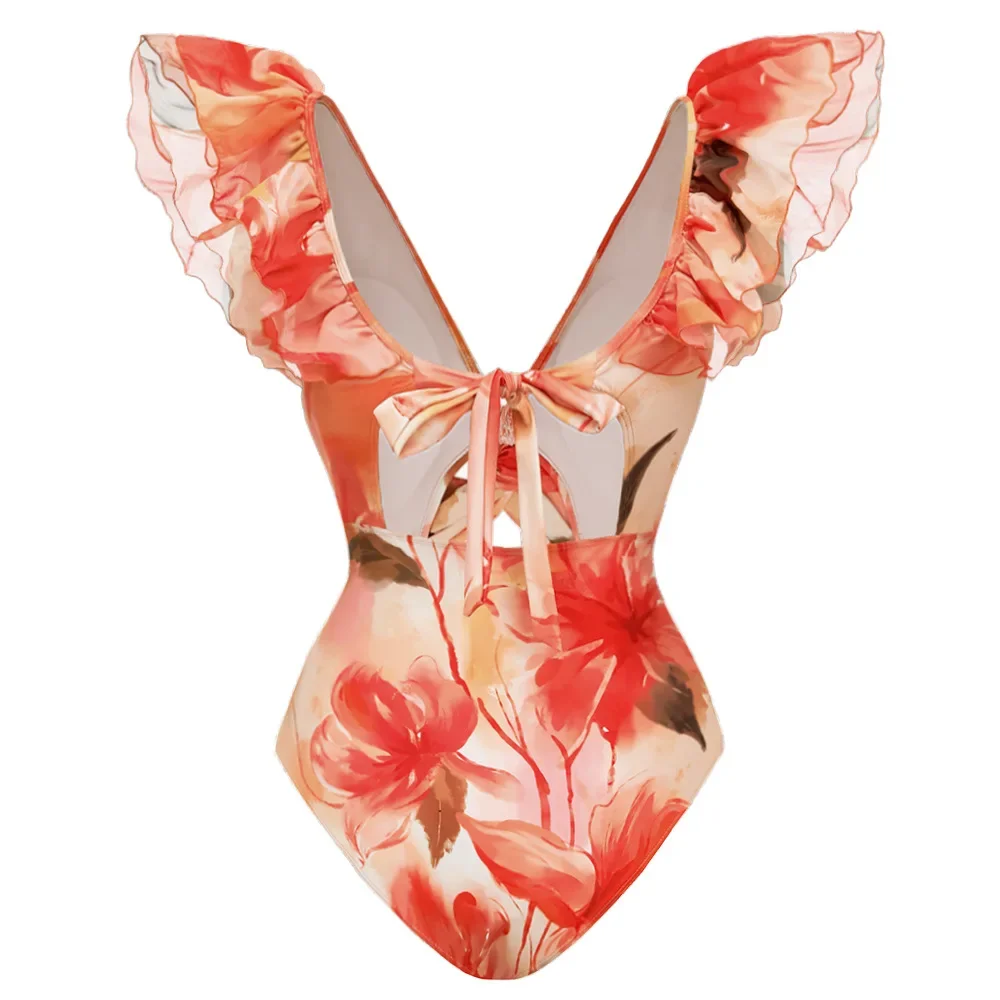 Maillot de bain une pièce en mousseline de soie, col en v, manches à volants, imprimé Floral, Slim, avec robe longue, Sexy, vêtements de plage, pour femmes, 2025