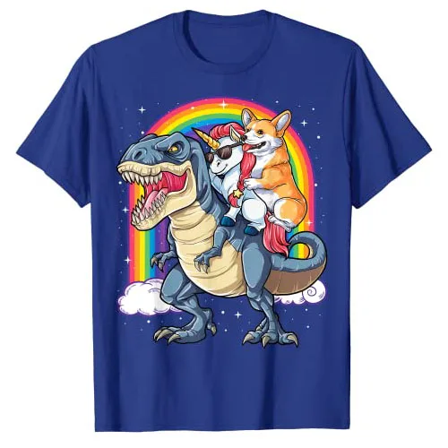 Corgi Unicorn Riding Dinosaur T Rex T-Shirt Cute Kids Boys Girls Rainbow Gift Corgicorn Space Galaxy Graphic Tee Aesthetic Tops