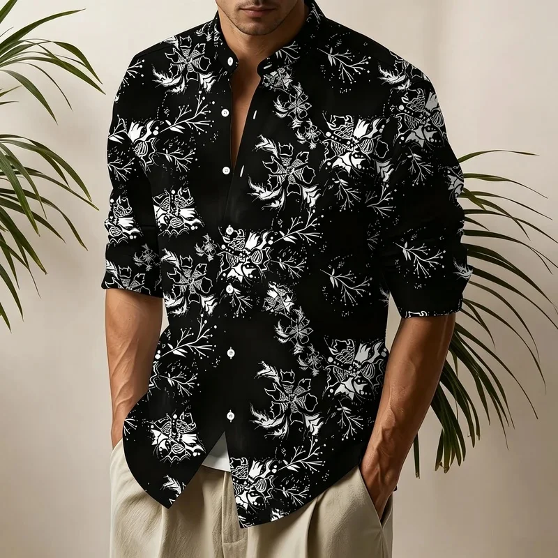 Men's stand-up collar shirt, leaf textured shirt, loose and casual cardigan for summer beach vacation.