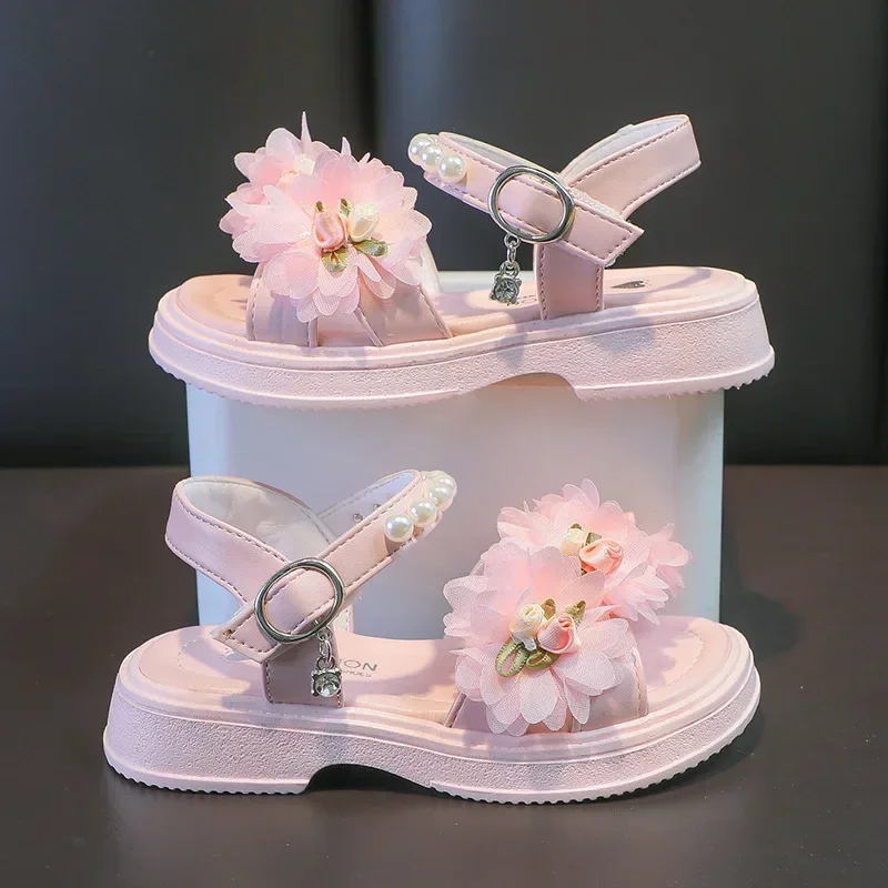 

Girls Flowers Sandals Kids Sweet Princess Shoes for Party Wedding Kids Leather Sandals French Style Chic Summer Fashion 2024 New