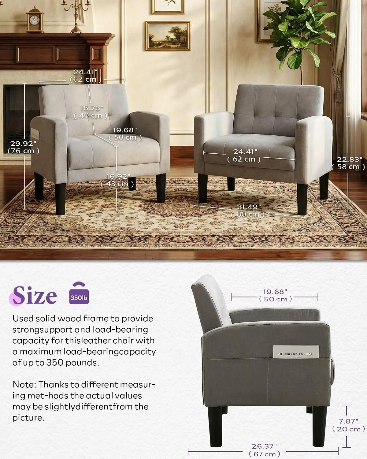 Light Grey Accent Chairs Set of 2, Tufted Armchairs for Living Room | Mid-Century Modern Reading Chairs, Cozy Side Armchairs