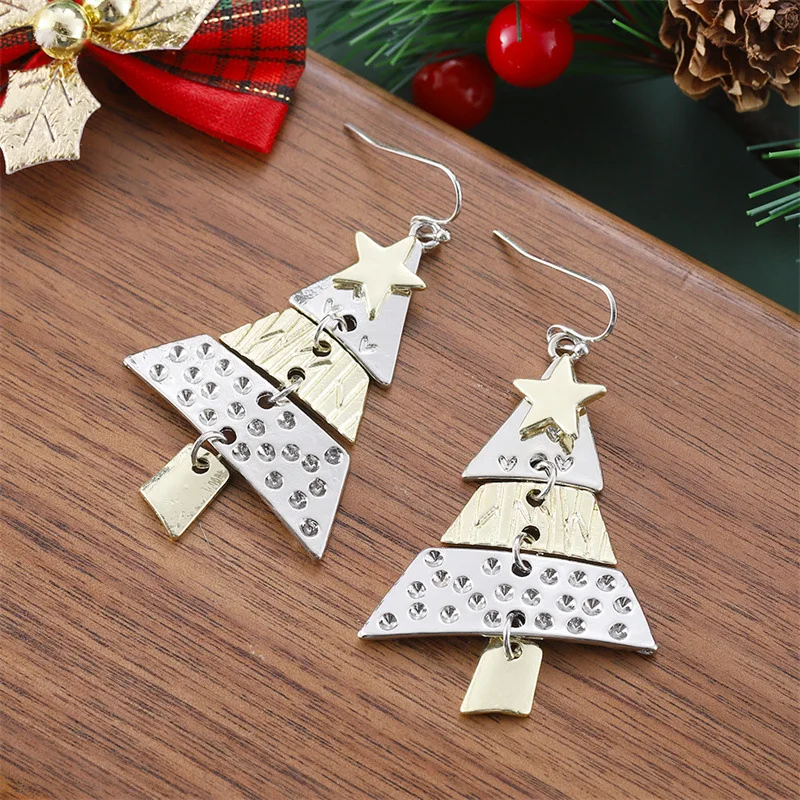 Vintage Metal Christmas Tree Long Drop Earrings for Fashion Women Girls Holiday Party Jewelry Acccessories Christmas Gift