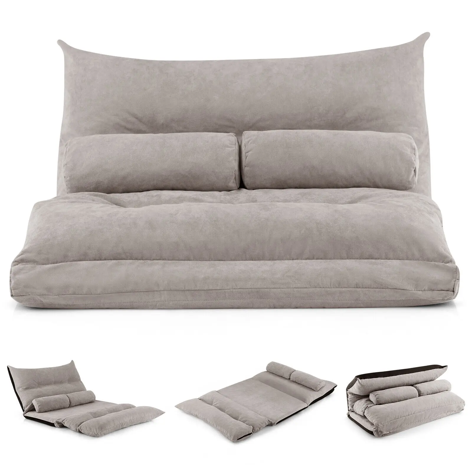 Costway Convertible Lazy Sofa Bed w/ 42-Level Adjustable Backrest&2 Lumbar Pillows Gray