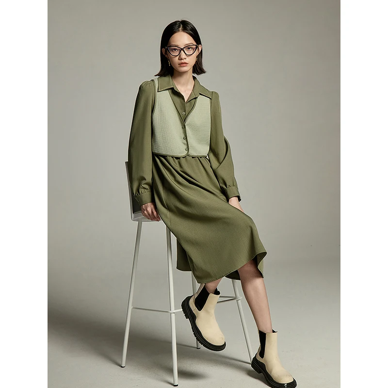 Toyouth Women Two Piece Dress Set with Vest 2023 Autumn Long Sleeve Polo Neck A-shaped Loose Fashion Advanced Green Long Skirt