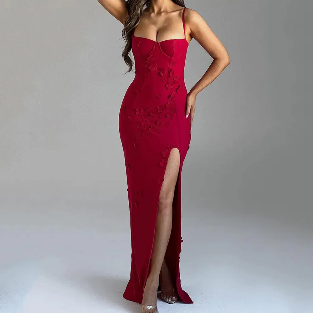 Red Mermaid Thigh Slit Floor Lenght Prom Gowns Custominzed Sexy Spaghetti Strap Evening Dress with Applique Party Dress