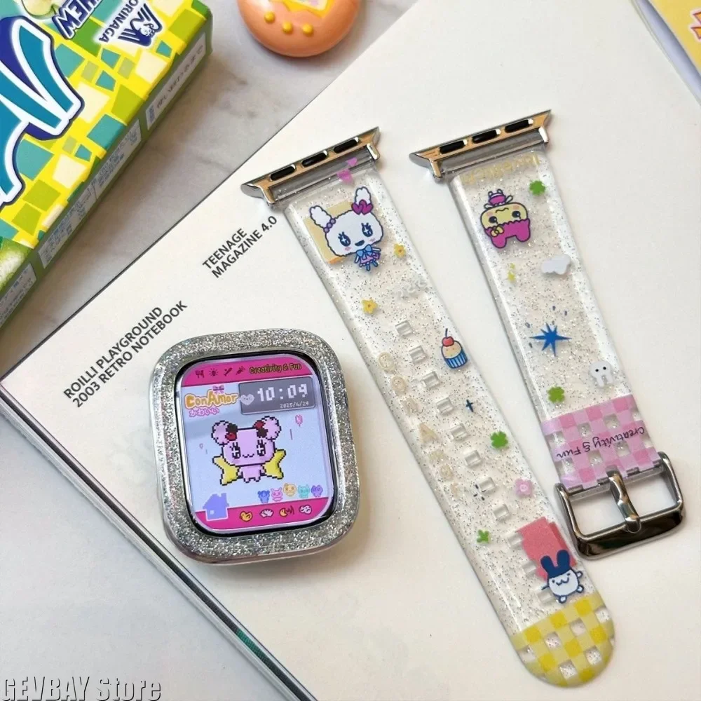 

Tamagotchi Matte Sparkling Pink Strap Cute Transparent Iwatch Strap Case Suitable for Apple Watch Decorative Accessories
